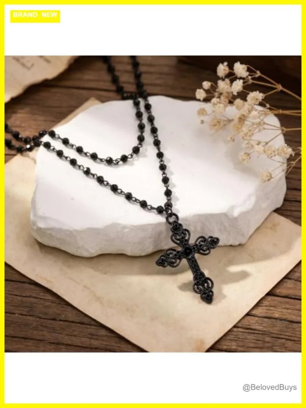 Layered Cross Pendant Necklace Rosary Beaded Chain Gothic Statement